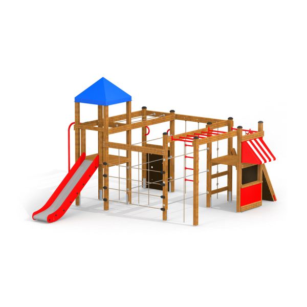 Struttura da arrampicata in legno per bambini con scivolo rosso e tetto blu (Climbing Booth).