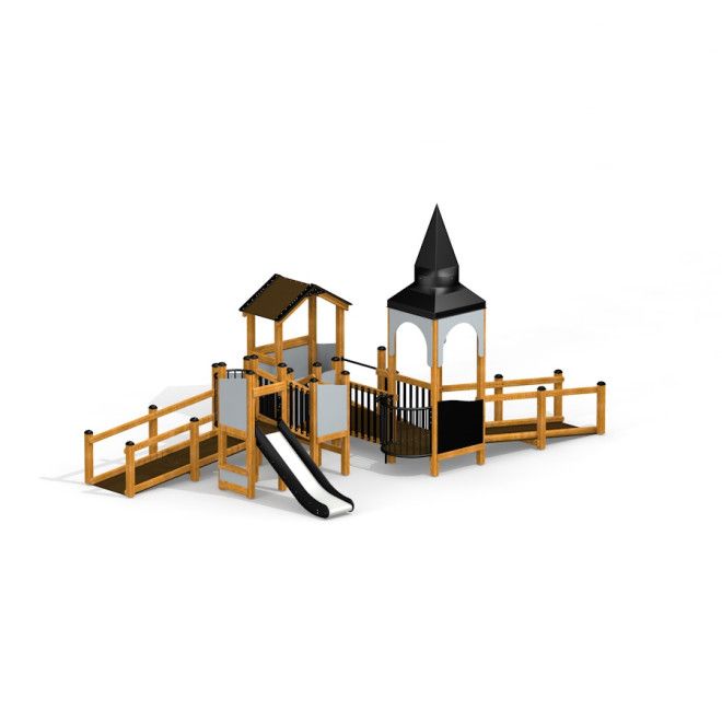 Campanille playground castle struttura da arrampicata in legno con scivolo e rampa