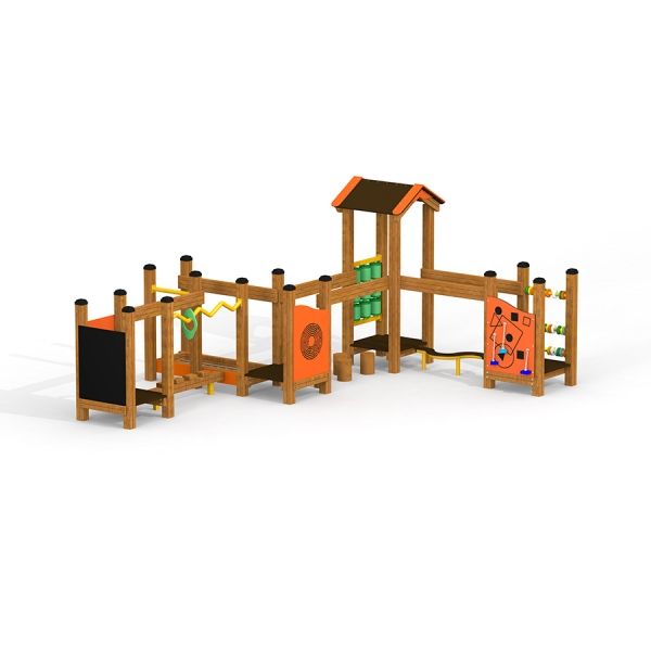 Struttura da gioco Trixie con telai per arrampicata e pannelli attività.
