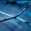 Vista ravvicinata delle corde blu di Small Powerclimber climbing net.