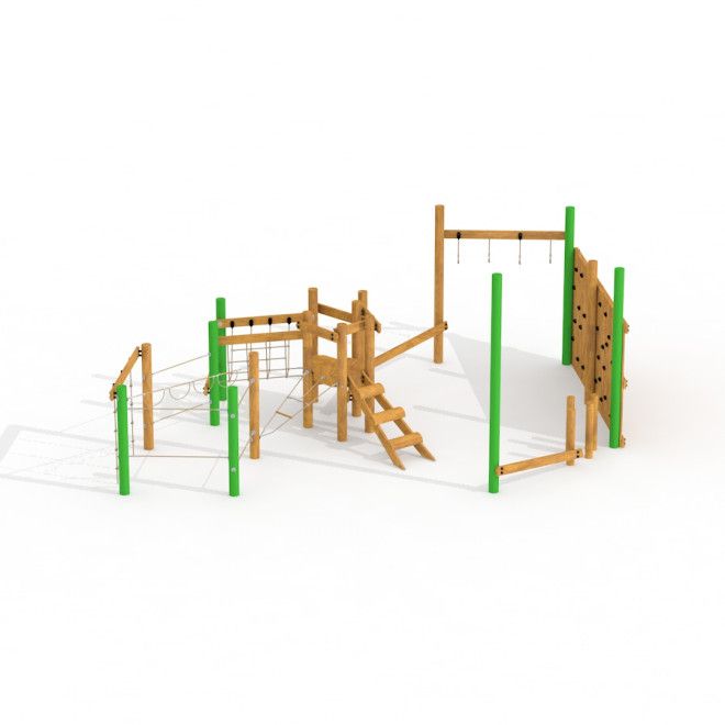 Struttura da arrampicata per parco giochi Spillikins wooden playhouse con corde e parete da arrampicata