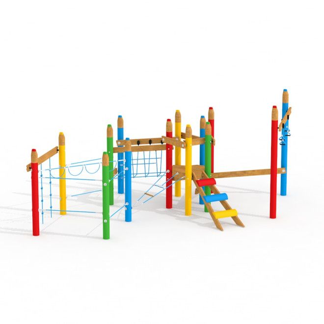 Crayon Quest Park struttura da gioco in legno colorata con reti da arrampicata e scale.