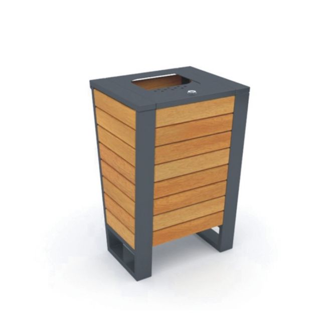 Ryga Bin Light con listelli di legno e struttura nera.
