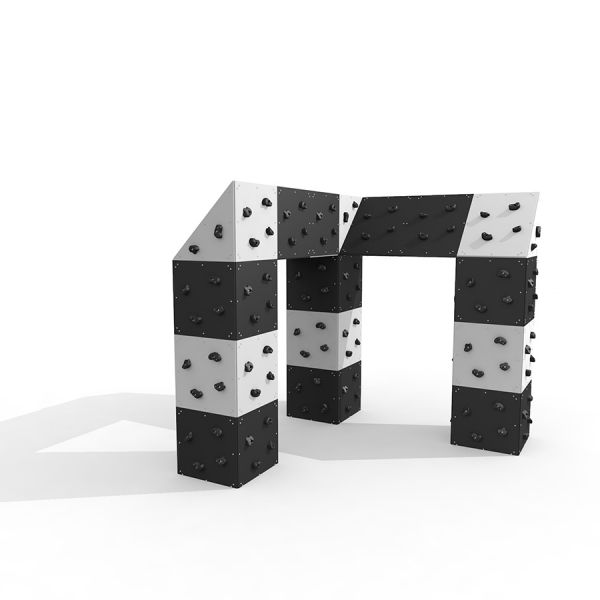 Struttura da area giochi Climbing cubes con pannelli bianchi e neri.