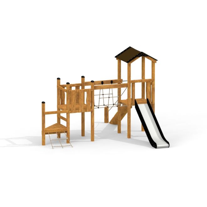 Triangle Modern Nature wooden playhouse with slide e reti da arrampicata.