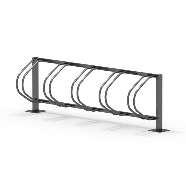 Supporto per biciclette in metallo con sei slot per mettere in sicurezza le biciclette.