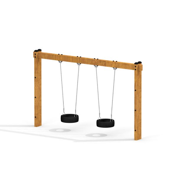 Struttura Wooden Tire double swing con due altalene di pneumatici neri appese a catene