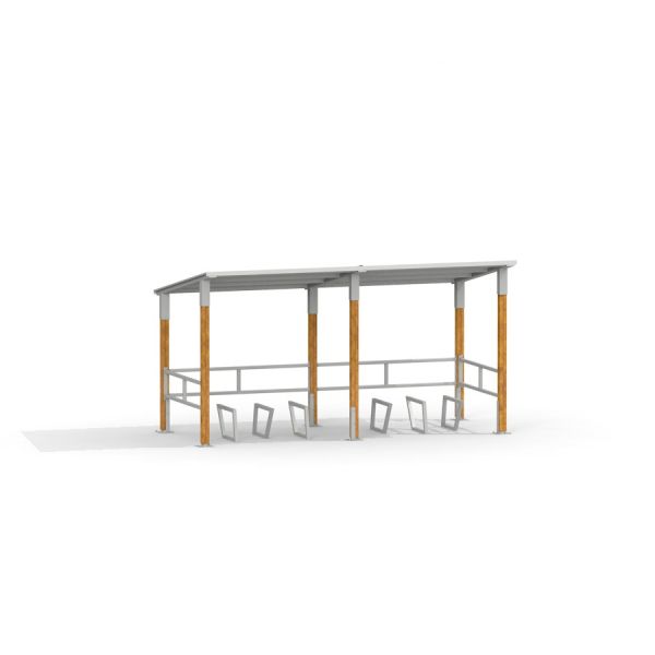 Moderno riparo Bike Parking III con pali in legno e tetto in metallo
