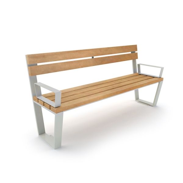 Moderno Ryga Bench con seduta e schienale in legno, e braccioli e gambe in metallo.