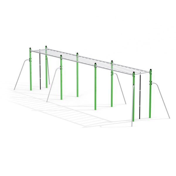 Attrezzatura da parco giochi Metal Horizontal Ladder Large con barre verdi e argentate.