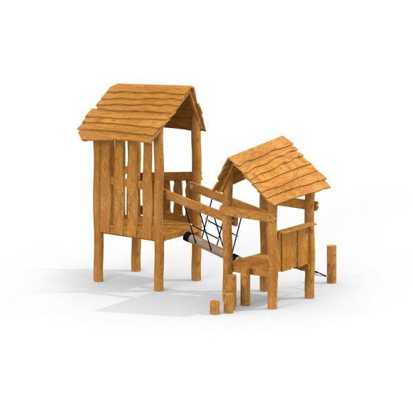 Wooden Hut - struttura da gioco in legno con due casette collegate e un ponte di corda.
