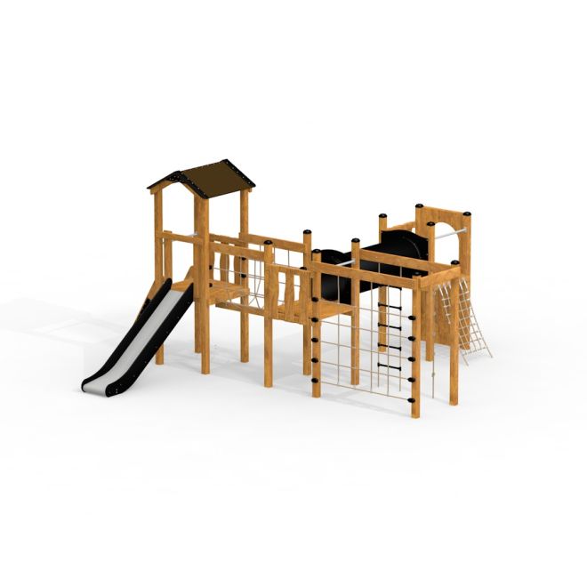 Struttura da gioco in legno con scivolo e reti da arrampicata - Romping Cottage.