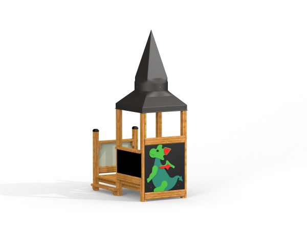 Tower with Baby Dragon single playhouse in legno con tetto nero e drago verde dipinto.