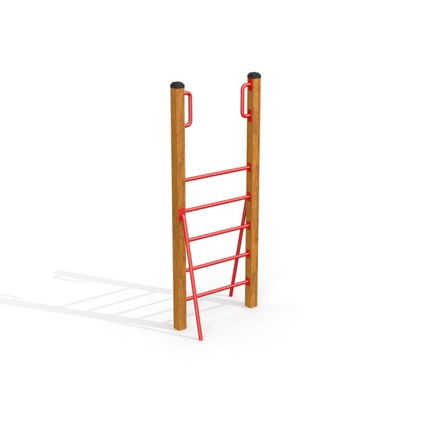 Vertical wooden ladder con pioli rossi e maniglie.