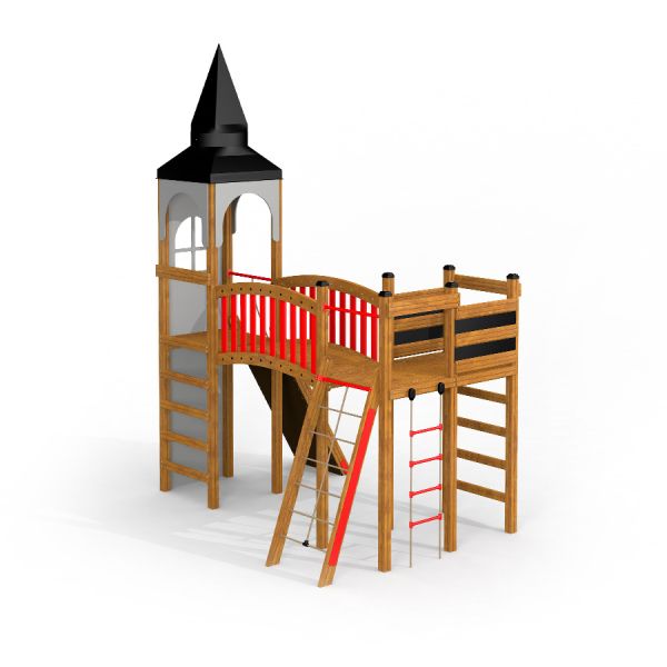 Alcazar playground castle con una torre in legno, un ponte e scale per bambini.