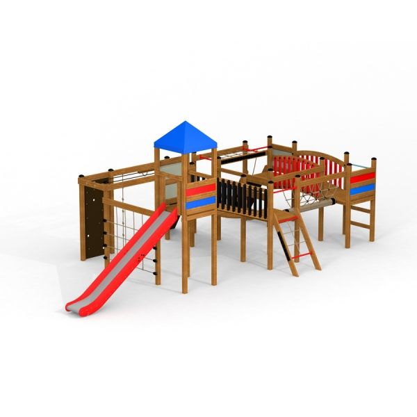 Attrezzatura da gioco Searobber Castle II con scivolo rosso e tetto blu.