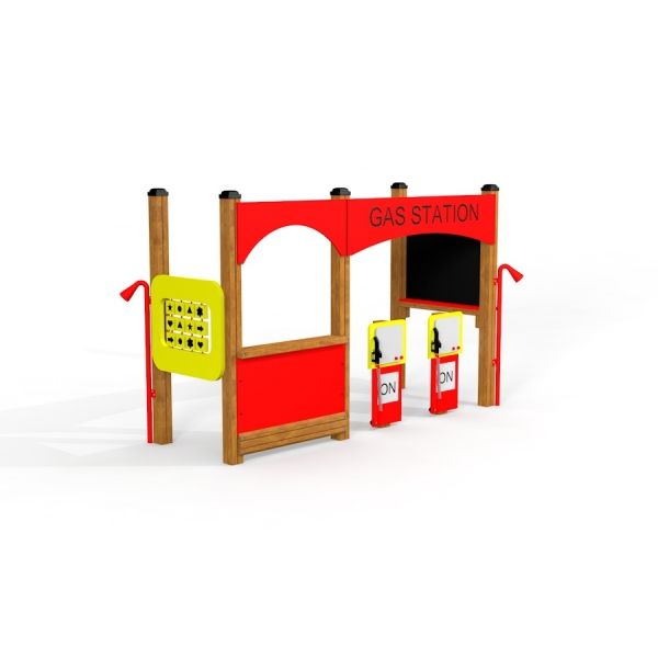 Struttura da parco giochi per bambini Gas Station in rosso e giallo vivaci.