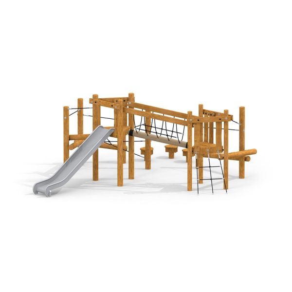 Struttura da gioco per bambini in legno con scivolo e reti da arrampicata, prodotto chiamato Etna.