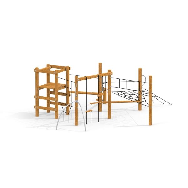 Caucasus wooden playhouse con reti da arrampicata e piattaforme in legno.