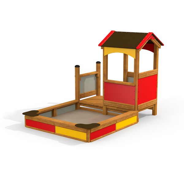 Villa sandbox with a playhouse, struttura di gioco in legno colorata per bambini