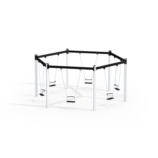 Attrezzatura da gioco Six Arm Swing Silver (multiple swing) in una disposizione esagonale.
