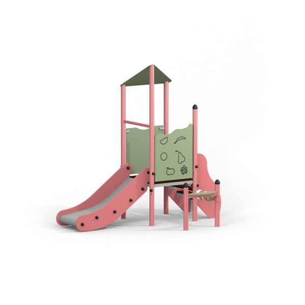 Mars playhouse with slide in colori pastello con una parete da arrampicata.