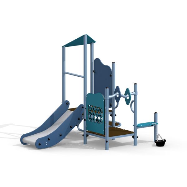 Chronos playhouse with slide realizzato in materiali blu e grigi, con uno scivolo e strutture da arrampicata
