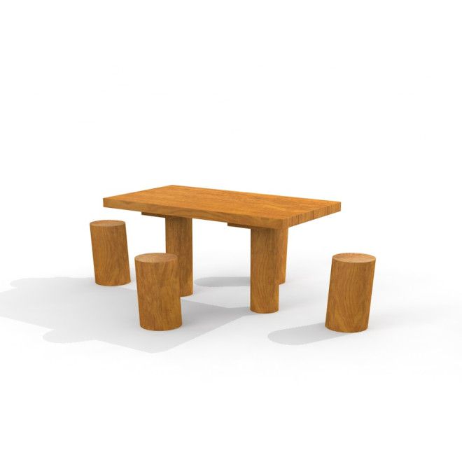 Table Nature with 4 stools realizzato in legno naturale, progettato per sedute da gioco all'aperto.