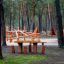 Table Nature with 4 stools in legno naturale, posizionato in un contesto di parco giochi nel bosco.