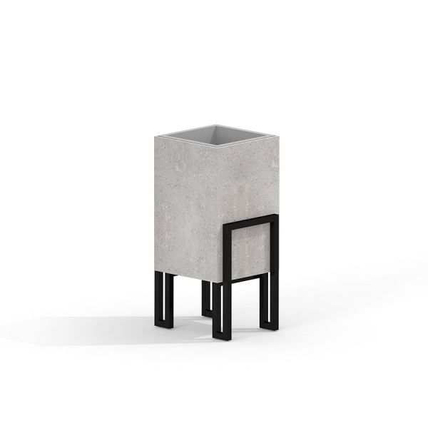 Thor bin in cemento con supporto in metallo nero.