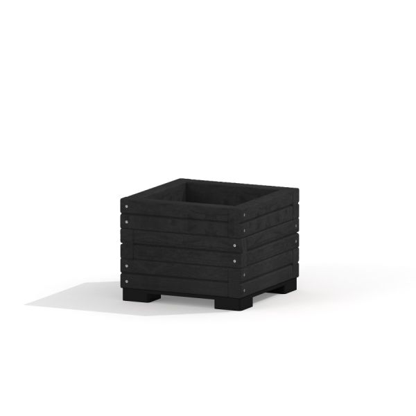 Fioriera in legno nera di forma quadrata.