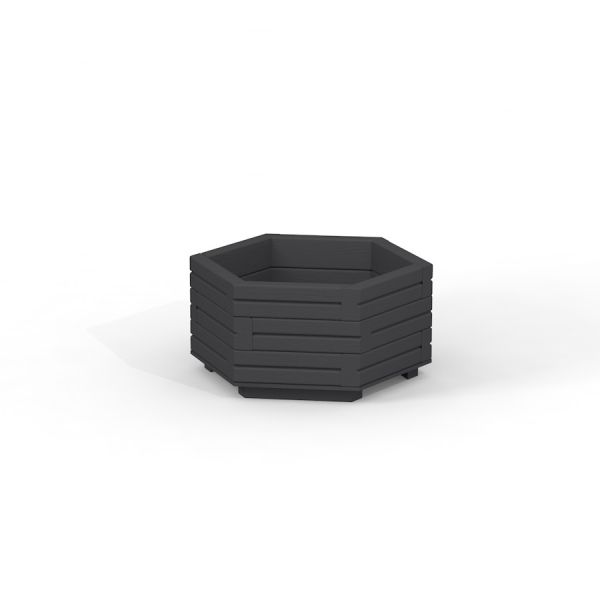 Wooden flowerpot IV black, forma esagonale, isolato su sfondo bianco.