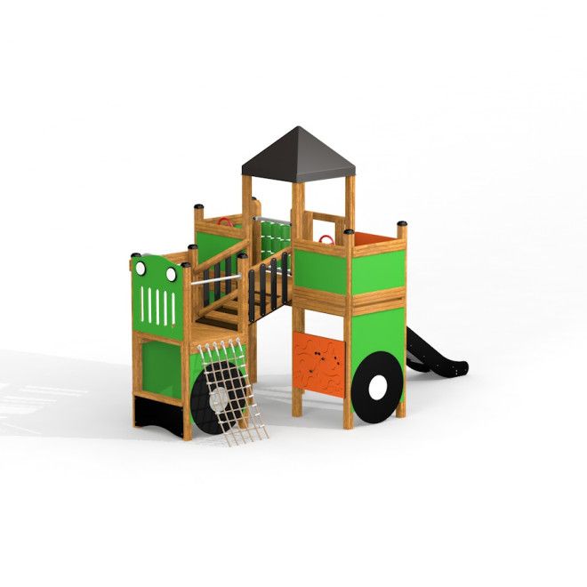 Attrezzatura da parco giochi Big Tractor playhouse with slide nei colori verde e arancione