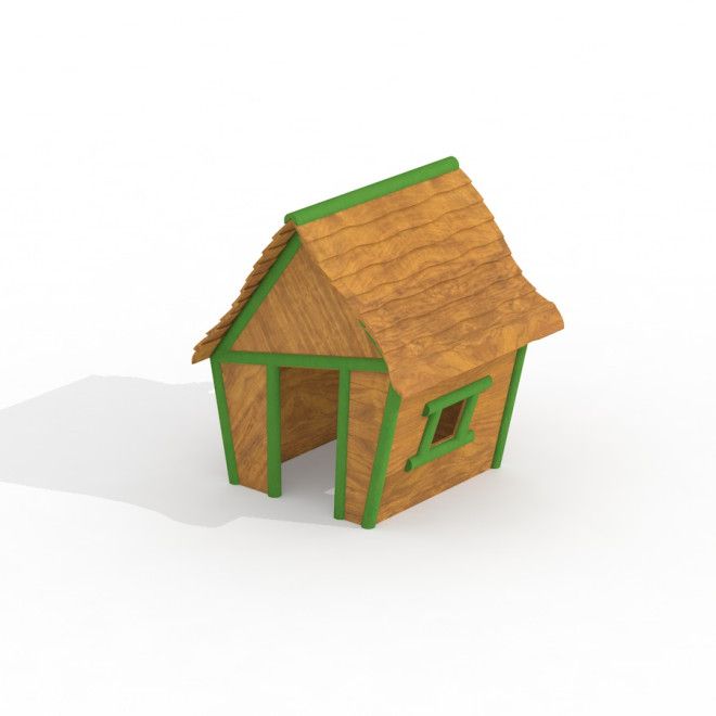 Casetta in legno Crooked House con rifiniture verdi per attrezzature da parco giochi