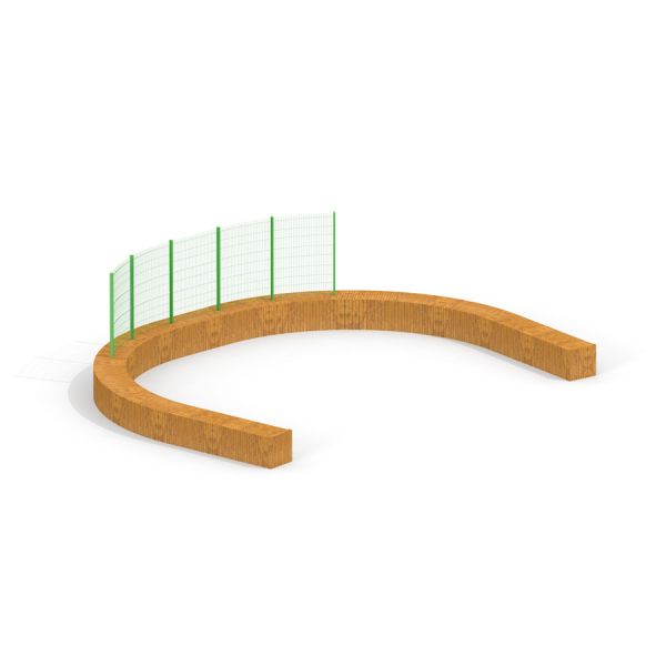 Barriera sportiva semicircolare in legno Multiarena Wooden con recinzione in rete verde.
