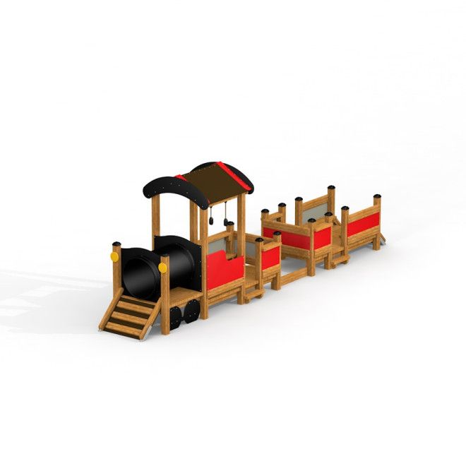 Attrezzatura da parco giochi in legno Locomotive with cars train playhouse con dettagli rossi e neri.