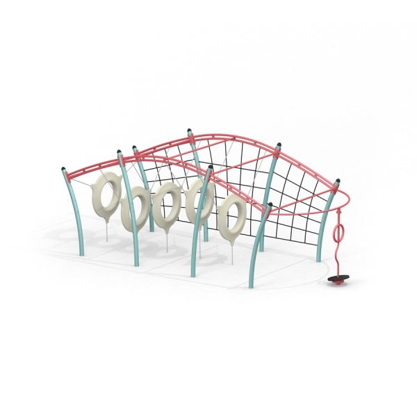 Attrezzatura da parco giochi Caterpillar climbing net con struttura curva rossa e verde.