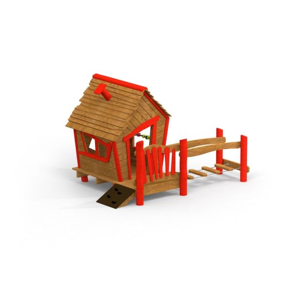 Anna's Playhouse casetta da gioco in legno con dettagli rossi e ponte.