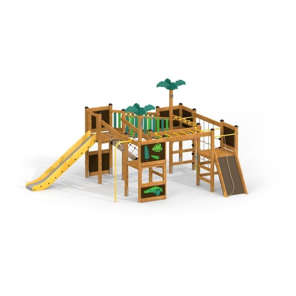 Set da parco giochi Jungle castle with slide con elementi da arrampicata e decorazioni a forma di palma.