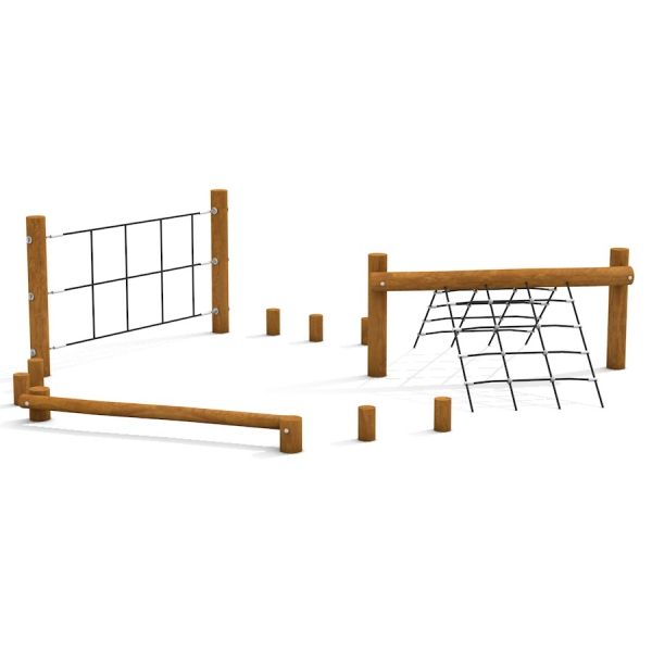 Struttura da arrampicata per parco giochi all'aperto Katla con reti e telai in legno.