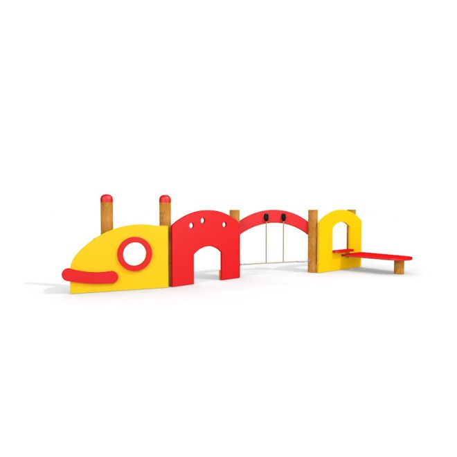 Attrezzatura da gioco per parco Baby Caterpillar wooden playhouse con scivoli e elementi di arrampicata.