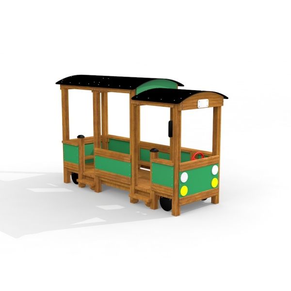 Struttura da gioco in legno a forma di autobus con pannelli verdi e volante.