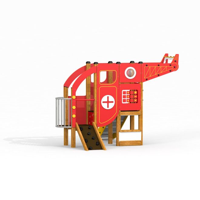 Struttura da arrampicata rossa Helicopter con scivolo e pannelli interattivi per bambini.