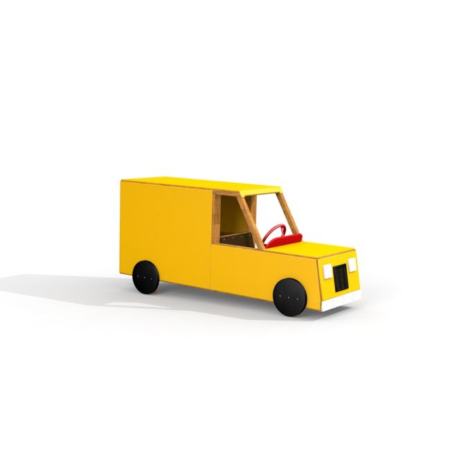 Giocattolo in legno giallo Van con ruote nere e volante rosso.
