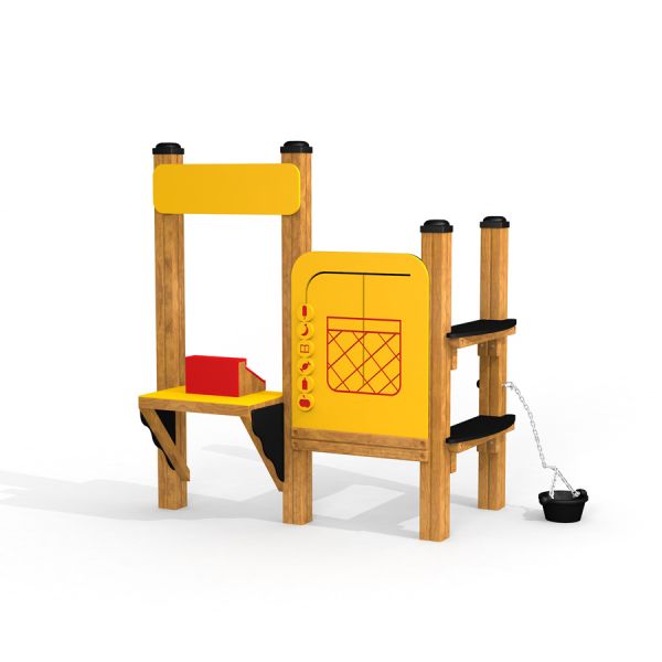 Struttura da gioco per bambini Stall con pannelli gialli e struttura in legno.