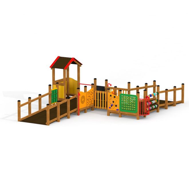 Attrezzature da parco giochi Delta con pannelli da arrampicata e rampa in legno per bambini