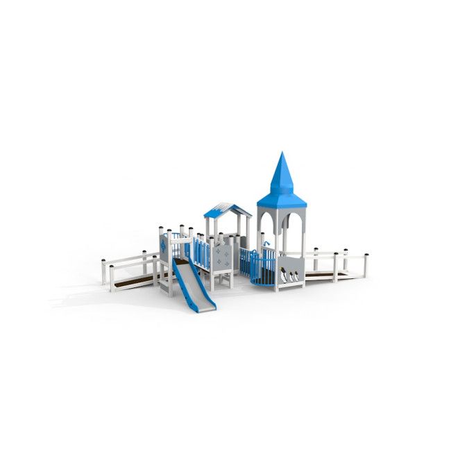 Struttura da parco giochi Winter Residence con scivolo ed elementi da arrampicata in colori blu e bianco.