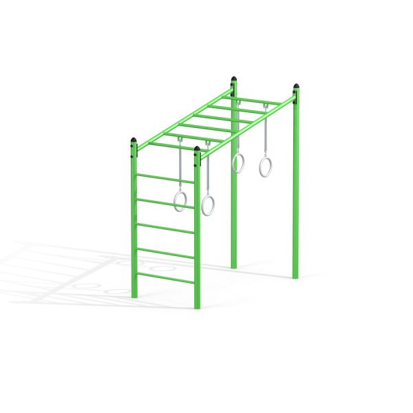 Attrezzatura da gioco verde Monkey Bar con anelli ginnici.