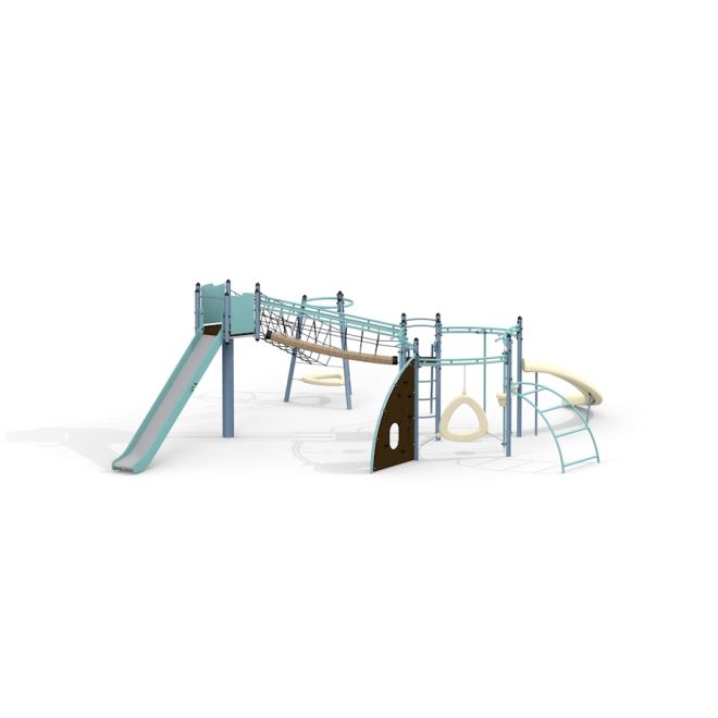 Struttura moderna per parco giochi con scivolo ed elementi di arrampicata, Copernicus steel structure.