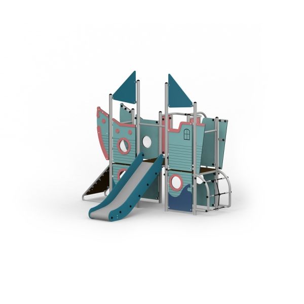 Pirate Ship playhouse with slide, steel structure per bambini.